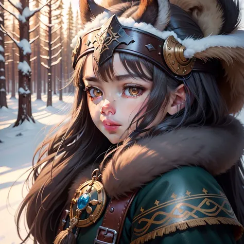 Portrait painting of 1child as nordic viking warrior, 1child, laurenchen, Cabello OSCURO, Cabello largo,  brown eyes, con armadura vikinga, Piel detallada, fantasy, snowy nordic forest, Estilo modelshoot, (CG extremadamente detallado), Foto de una hermosa ...