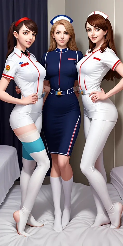 three women in white uniforms posing on a bed with white sheets, nurse girl, smooth white tight clothes suit, in white clothes, close - fitting nurse costume, perfect android girl family, an alien robot naughty nurse, hyperrealistic schoolgirl, a hyperreal...