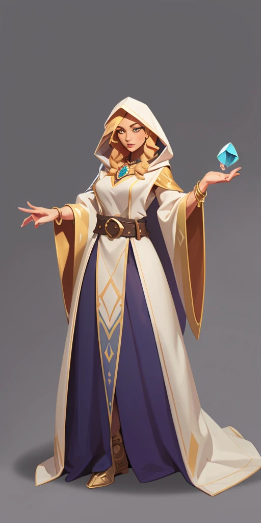 mstoconcept art, european and american cartoons, game character design, solo, 1girl, MAGICIAN, FEMALE FOCUS, GRAY BACKGROUND, WIZARD, FULL BODY, STANDING, HOOD, ROBE, MILF, JEWELRY, LONG BLONDE HAIR, BRACELET, WIDE SLEEVES, WOMAN, BELT, GEMSTONE, LONG SLEE...