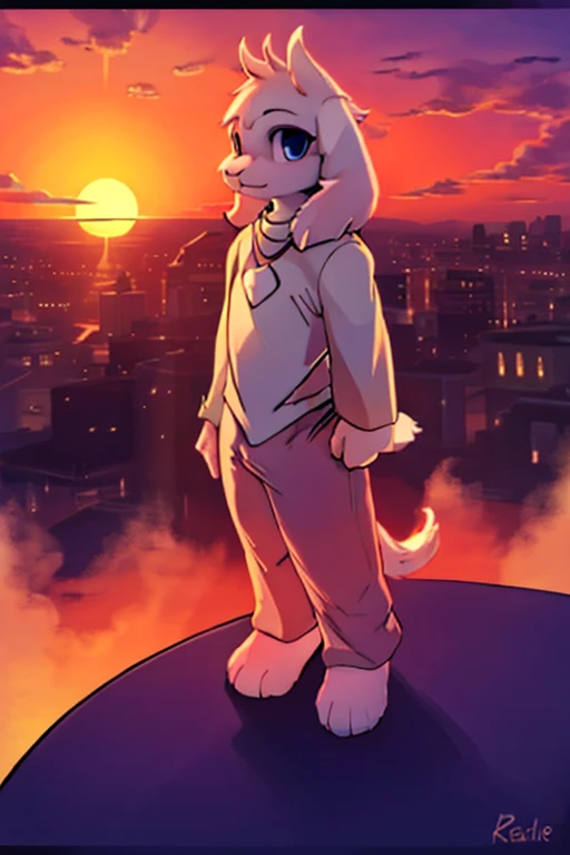 Asriel standing on the roof of a building looking into the sunset