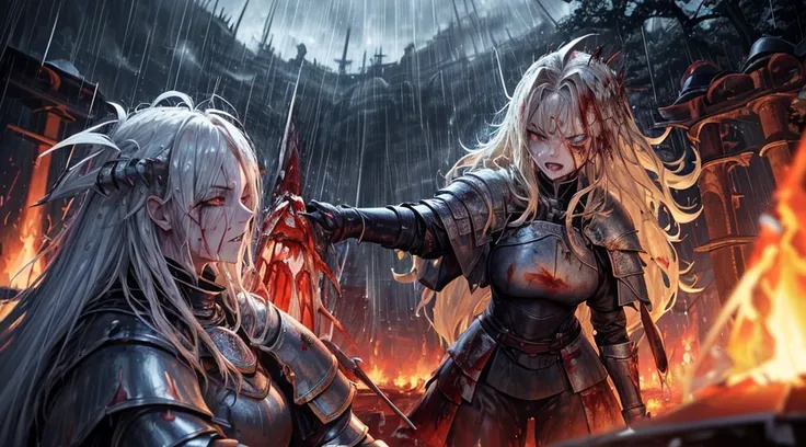 masterpiece,best quality,ultra detailed,(1 Fallen Female Knight),(rage:1.1),(one eye closed:1.1),upper body shot,The fire sword,blonde hair,long hair,blue eye,straight hair,(ThunderStorm:1,5),darksouls,(fire:1.4),(Rainy:1.3),((blood dripping from mouth:1.0...