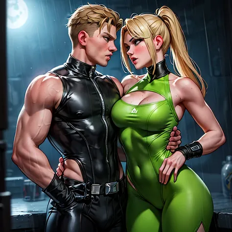 sonya blade sonya is blond  and jhonny cag in the raine both almost kiss each.other .night rain sonya blade wear mortal kombat l...