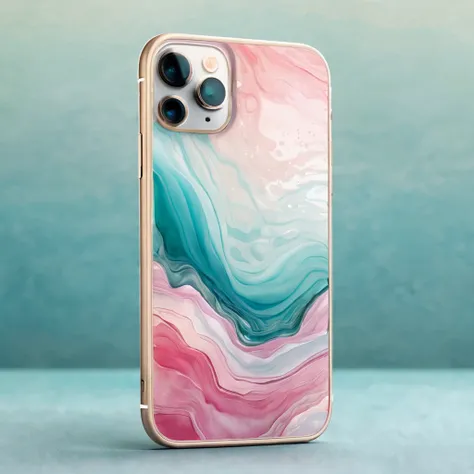 hyper realistic and hyper detailed, crafted by caveman, a giant iPhone 12 pro fused into a aquas, pinks, light neutrals water colors abstract, calm and confident background