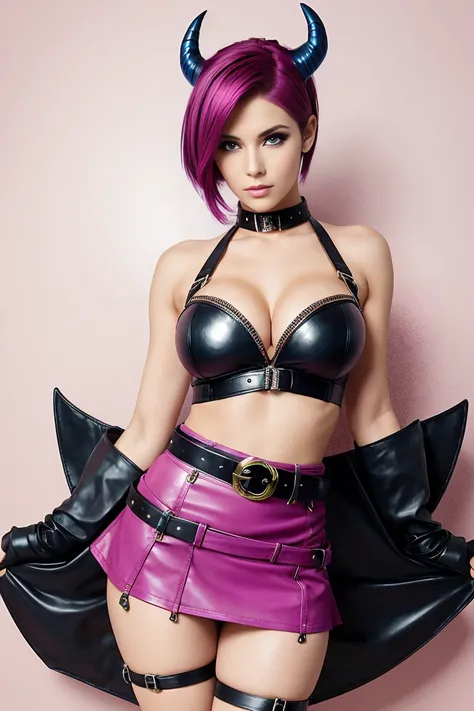 25 year old woman with short undercut magenta hair dressed in a skimpy devil mistress outfit with leather miniskirt, cleavage, belt. Blue eyes with eye liner. Neutral background