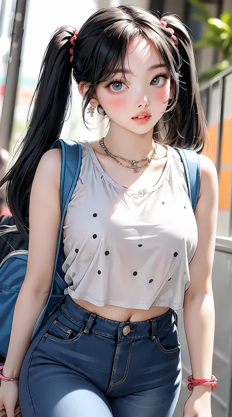 (masterpiece, best quality), perfect slim fit body, thick thighs, nice breasts, braided twintails, printed sleeveless cropped blouse, jeans, necklace, bracelets, backpack, big gorgeous eyes, parted lips, blush, walking pose, college compound, natural light...