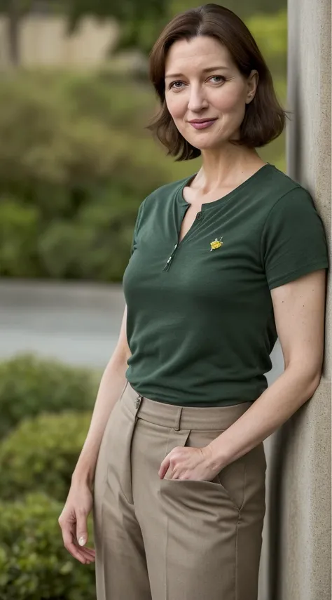 smiling woman with short brown hair and red shirt with dark green slacks, this person does not exist, 40 years old, with very thin lips, casually dressed, kelly macdonald-julie andrews-bebe neuwirth-tina fey-bonnie bedelia-marin hinkle-penny marshall-najwa...