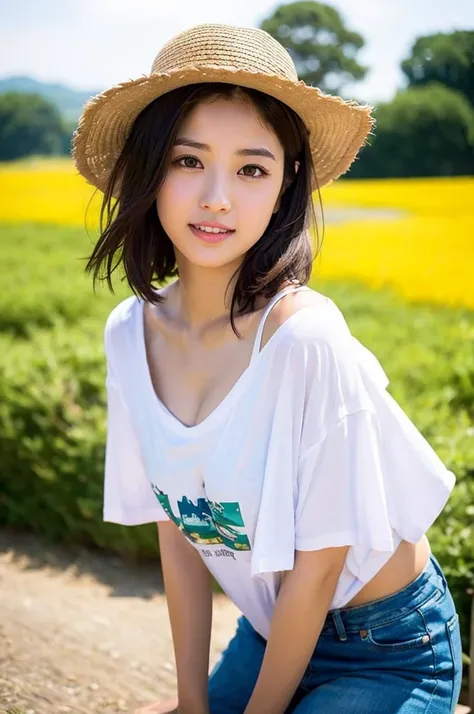 (8K、top-quality、​masterpiece:1.2)、(reallistic、フォトreallistic:1.2)a straw fedora hat、A woman working in a farmhouse wearing denim and leaning forward&#39;rice fields,Missing the line of sight、Down shirt、cleavage of the breast（cleavage of the breastを披露、cleava...