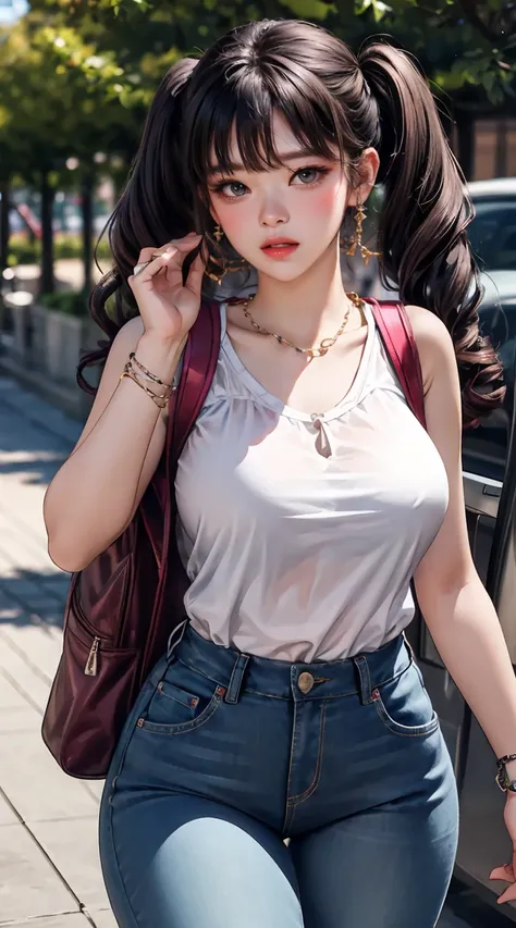 (masterpiece, best quality), perfect slim fit body, thick thighs, nice breasts, braided twintails, printed sleeveless cropped blouse, jeans, necklace, bracelets, backpack, big gorgeous eyes, parted lips, blush, walking pose, college compound, natural light...