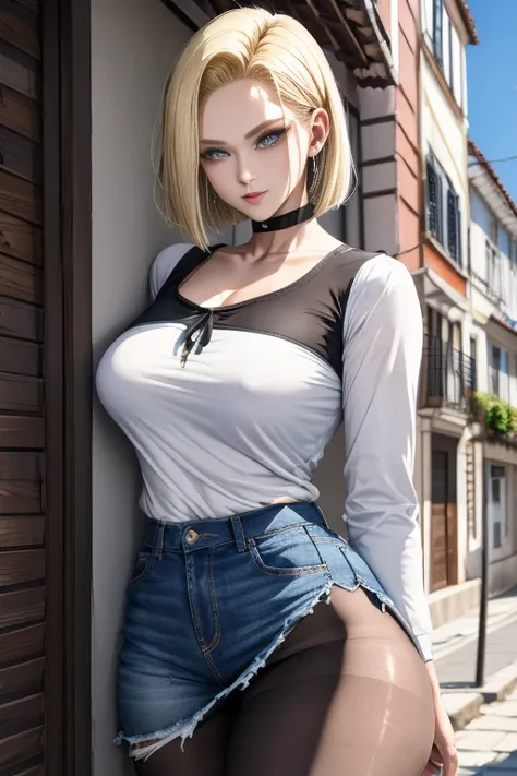 melhor qualidade, highres, and18, 1girl, android 18, solo, cabelo loiro, olhos azuis, cabelo curto, brincos, joias, colete jeans, colete aberto, Black pantyhosebloom, camisa preta, saia jeans, mangas longas listradas, saia azul, rua, (seios grandes: 1.2), ...