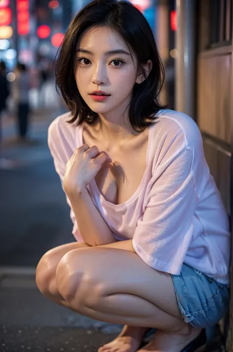 1girl、Streets of Tokyo、natta、A city scape、city light、The upper part of the body、a closeup、8k、RAW Photography、top-quality、​masterpiece、realisitic、Photorealsitic、,Photo of Pretty Japanese woman,Black short hair,Beauty face,(Leaning forward:1.3),Squatting,(Fr...