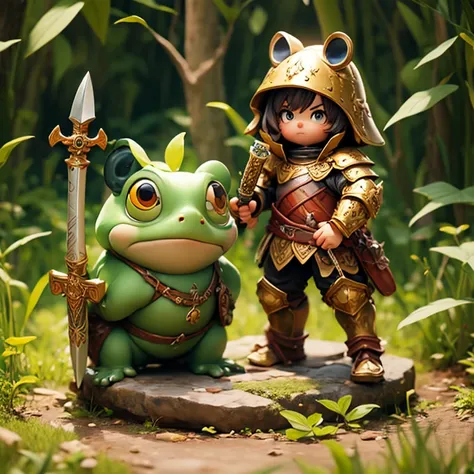 little frog warrior with medieval armor and claymore sword in hand in enchanted forest