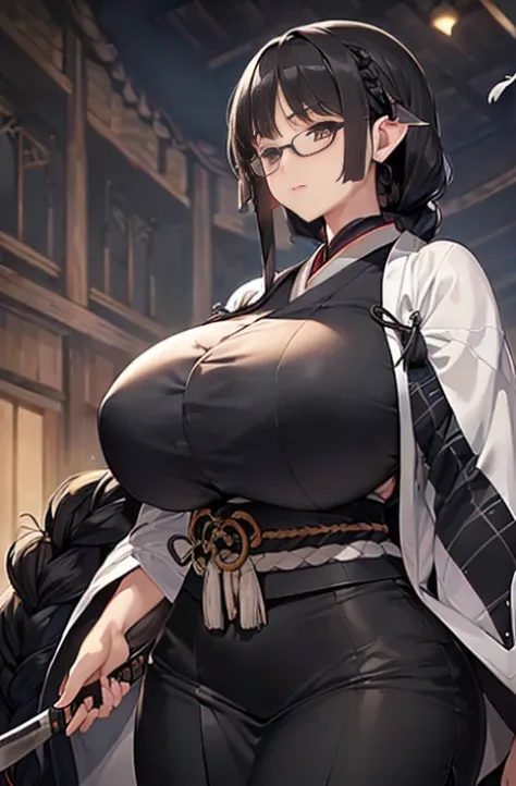 ((huge udder))、((thin-waist))、tall、de pele branca、round glasses、gigantic breasts、sagging breasts、mature woman、((White feather weave、Black kimono、Long、A dark-haired、single braid、Holding a naginata))