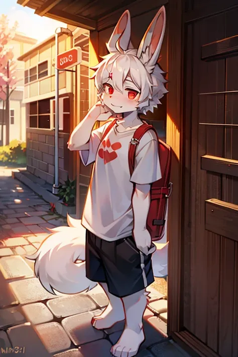 edgBunny,edgBunny族的物理特征，droopy rabbit ears，white T-shirt,outdoor,afternoon,backpacks，standing on your feet，shorts, male, anthro, furry,by milkytiger1145，White hair，Red pick dye，red eyes，adolable，resist，is shy，stop