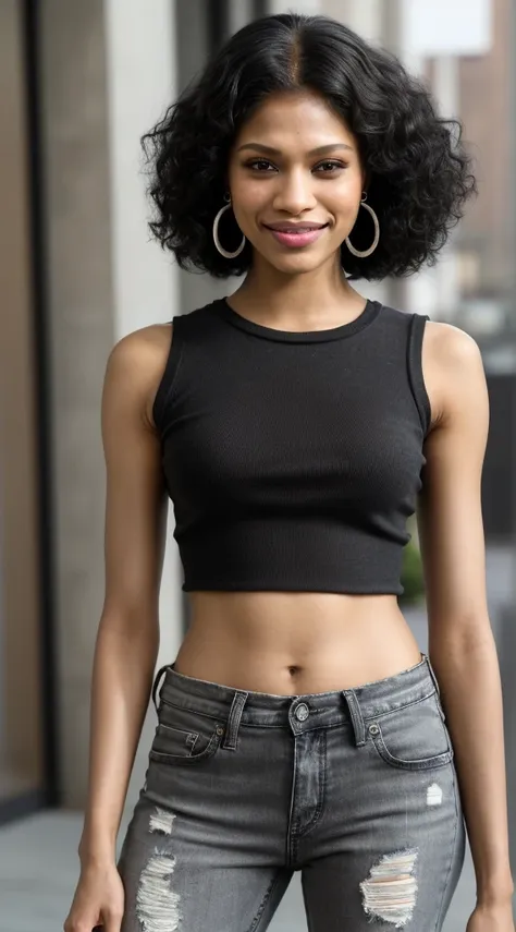 smiling woman with very short black curly hair and earrings, curly black hair in a afro, wearing a black top with grey ripped je...