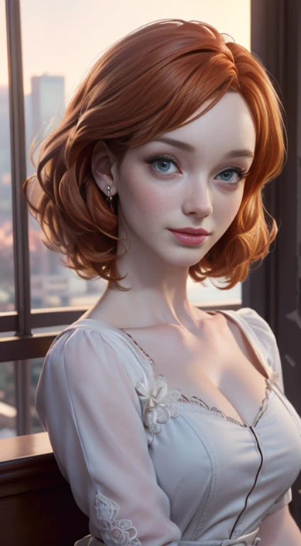 photo of christina hendricks, RAW, beautiful woman, charm, ((portrait)), ((detailed face:1.2)), ((detailed facial feature, detailed skin, clear skin), (perfect proportioned body), (wearing a colorful dress) (high detailed city environment, apartment balcon...