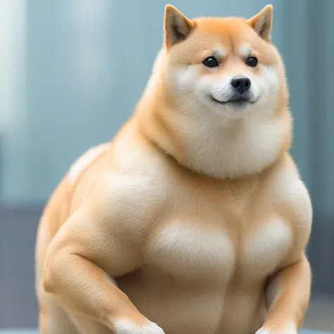 Solo,a professional photo of [(((buff Swoledoge))):buff Swoledoge:8], grinning, dog body,up arms,cinematic dramatic light, smooth transition, bokeh,simple background,looking at viewer,wave her hand