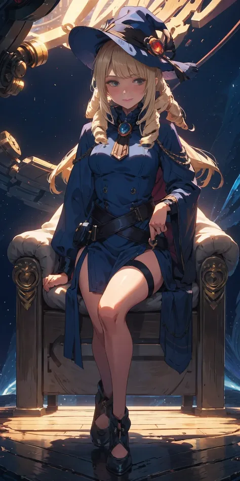 (4k, Prominence in Masterpiece, High Quality, Best Quality: 1.2) full body, 1 child female, solo, 1 girl, lustful smirking smile blush, looking at viewer, sitting on chair with legs crossed, big black thighs stocking, big breasts (cover with blue) ((SFW)),...