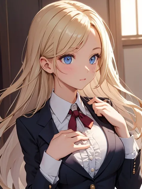 1woman, classy suit and dress shirt, ruffle tie on neck, blonde tying up hair, resolute look, medium large breast, ultra detailed face, beautiful, charming, flashy hair, ultra translucent skin, blushed cheek