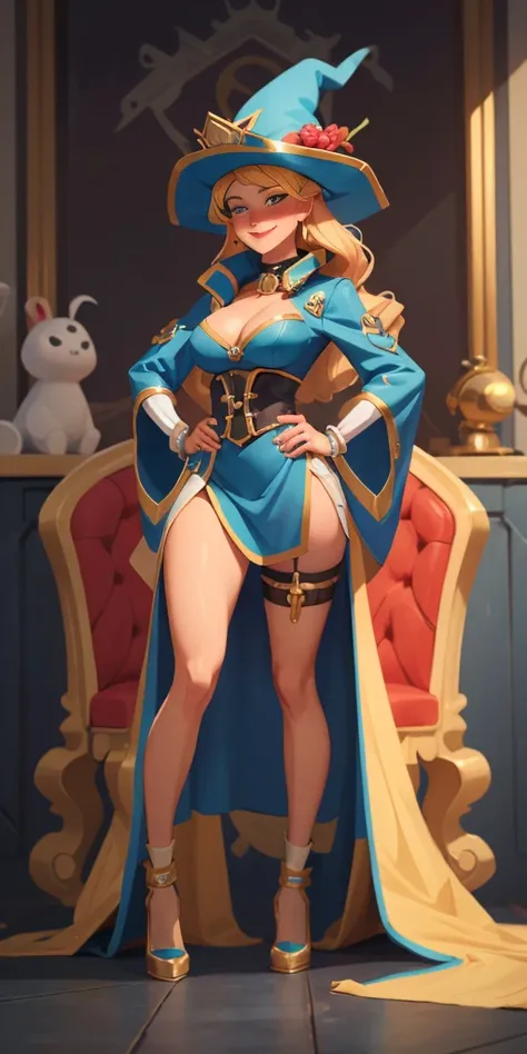 (4k, Prominence in Masterpiece, High Quality, Best Quality: 1.2) full body, 1 child female, solo, 1 girl, lustful smirking smile blush, looking at viewer, sitting on chair with legs crossed, big black thighs stocking, big breasts (cover with blue) ((SFW)),...