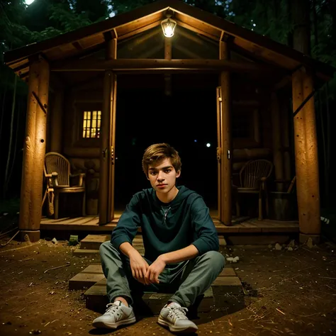 Teenager boy, sitting outside forest house , night time , realistic, HD, lighting