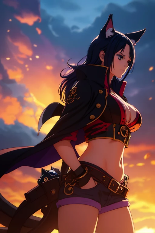 Anime one piece style, Navy Blue haired girl, teenage girl, large breasts, with a free hair, she should have cat ears, she should have a cat tail. She should be wearing caribbean style pirate clothes outfit, should have big steampunk gauntlets with claws, ...