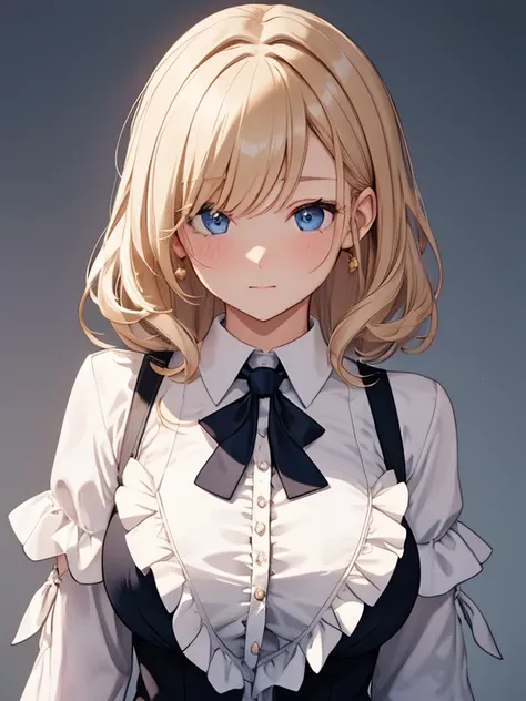 1woman, classy suit and dress shirt, (Ruffle tie with lots of frills :1.6) , blonde tying up hair, resolute look, medium large breast, ultra detailed face, beautiful, charming, flashy hair, ultra translucent skin, blushed cheek