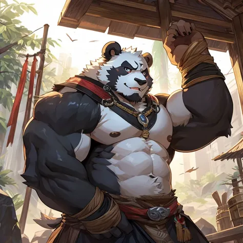 a panda，strong，Burly，Detailed character details，lifted up，tosen，The face is ferocious