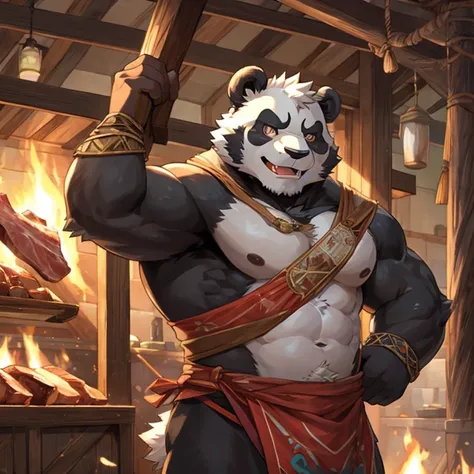 a panda，Burly，Detailed character details，Meat balls，lifted up，tosen，The face is ferocious