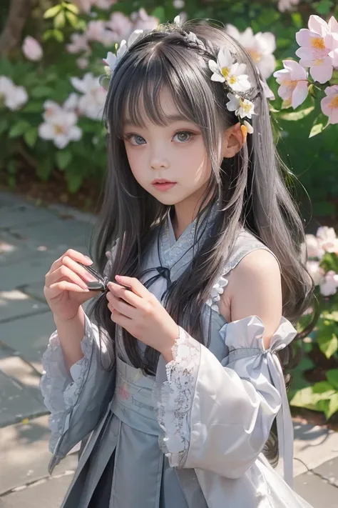 (Little girl: 1.5), Lace, ribbons, Hanfu, (tmasterpiece, Sideslit, Exquisite and The beautiful gray eyes: 1.2), tmasterpiece, actual, glowing light eyes, shinny hair, brunette color hair, long whitr hair, Glossy glossy skin, Alone, Embarrassing, No shoulde...