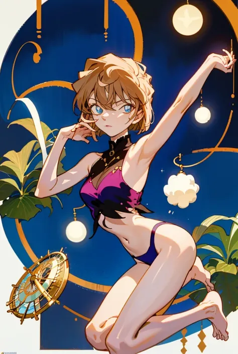 femele，（Detective Conan Ashara），（The beautiful），（mature），Hands up，Expose the armpits，eighteen years old，The barefoot，Wearing super small sexy underwear