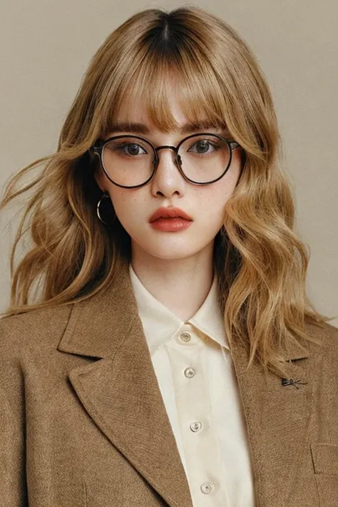 women are beige,a 20 yo woman、hitornfreckles、Pattsun bangs、Beige hair、wears glasses、Wearing black clothes、Retro、Fashion Editorial