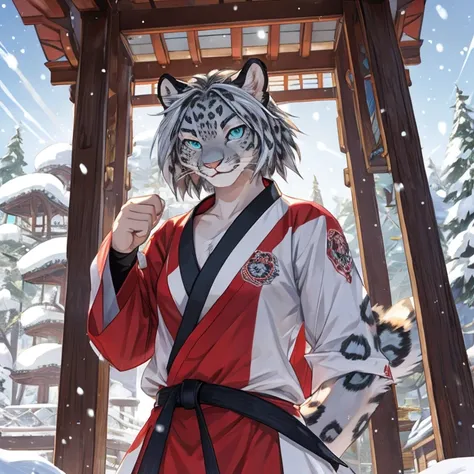 A snow leopard，teens girl，Detailed character details，Martial artist