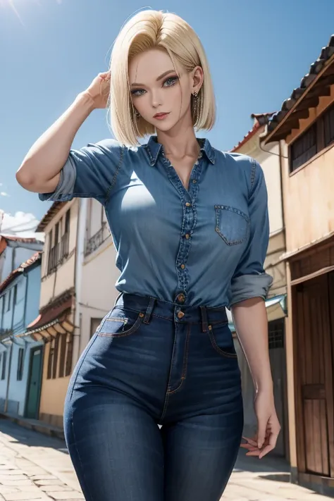 melhor qualidade, highres, and18, 1girl, android 18, solo, cabelo loiro, olhos azuis, cabelo curto, brincos, joias, colete jeans...