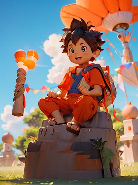 Little Goku in orange uniform sitting on flying cloud flying on the ground excited face sacred staff on his back