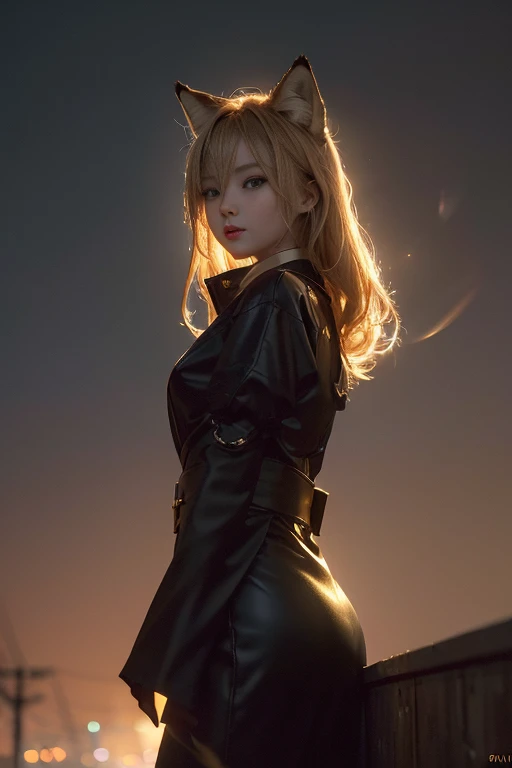 ((Best quality at best, 8K, tmasterpiece: 1.3)), 1 girl, Slim like a fox，Comes with 9 syrups，In the dark night with burning gold，Ambient and gloomy lights of Japanese city focus on girl，and has light and shadow effects caused by lighting halos.