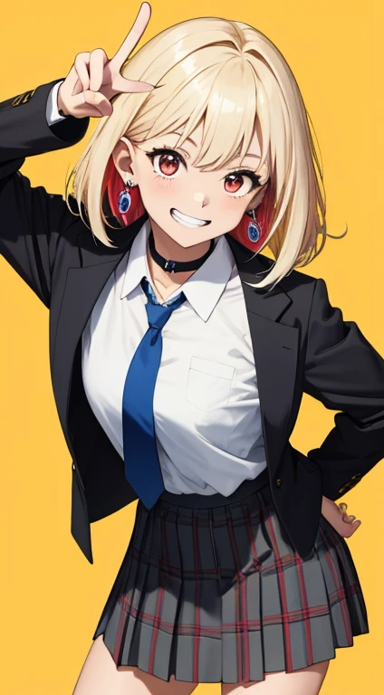 masterpiece, best quality, highres, kitagawa marin, 1girl, blonde hair, long hair, multicolored hair, red eyes, jewelry, earrings, piercing, school uniform, white shirt, tied shirt, black choker, blue necktie, plaid skirt, leaning forward, grin, peace sign