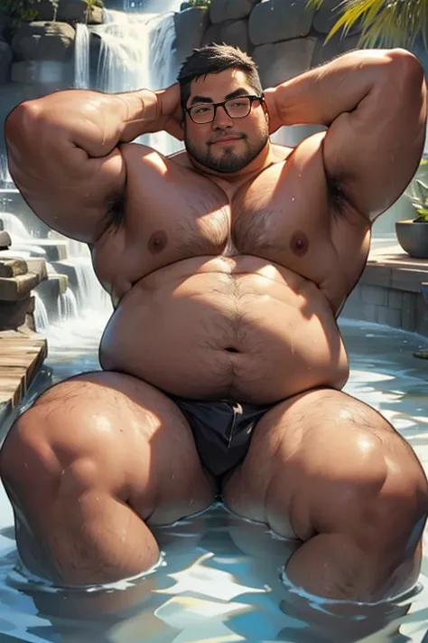 ​masterpiece,top-quality, in 8K, A fat man is soaking deeply in a large hot spring, Naked, Spread legs, stretch and relax, nerdy, short legs, Bowleg, (fatness: 1.0), Blushing and relaxed fat man, looks sleepy, Bare belly, Bare legs, Shirtless, Glasses, thi...