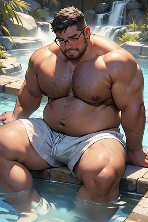 ​masterpiece,top-quality, in 8K, A fat man is soaking deeply in a large hot spring, Naked, Spread legs, stretch and relax, nerdy, short legs, Bowleg, (fatness: 1.0), Blushing and relaxed fat man, looks sleepy, Bare belly, Bare legs, Shirtless, Glasses, thi...