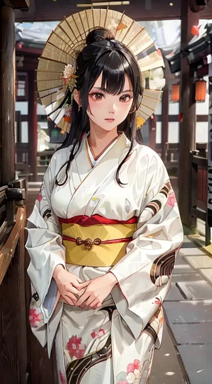 (花魁:1.4)、1girl in,Black hair fringe long hair、Braided hair、disheveled hair、Light brown eyes extraordinary beauty)、(dignified expression)、(Traditional kimono with colorful and shiny luxury Japan:1.4)、(:1.4)、(Photorealsitic)、(intricate detailes:1.2)、(​master...