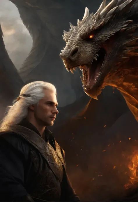 close-up of a man with white hair and yellow eyes, facing the dragon, epic fantasy art style, dark fantasy style art, portrait of fin wildcloak, detailed fanart, Fantasy genre portrait, epic fantasy art portrait, graphic artist magali villeneuve, fantasy m...