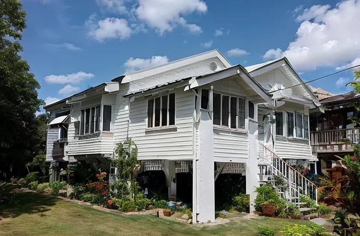 there is a white house with a green roof and a balcony, exteriors, by Elizabeth Durack, old house, craftsman home, colonial house in background, suburban home, exterior, wikimedia, centre image, wooden house, houses on stilts, cottage, wooden cottage, colo...