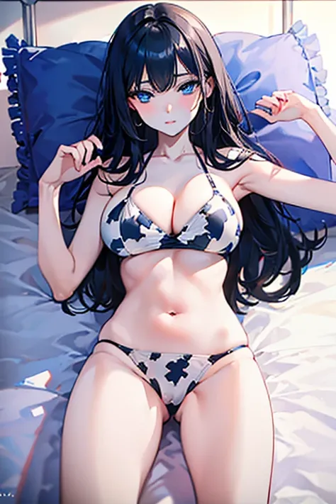 ((Best Quality)), ((Masterpiece)), (detailed), perfect faces, black hair, blue eyes, large breast, sexy, cum in pussy, breast milk, cow patterned bikini, bed