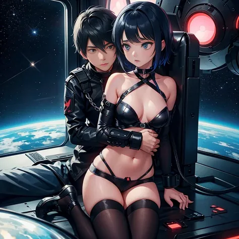 a naked handcuffed teenager girl with an emo guy behind her raping her, cumming on her brothers bed, space, space ship, futurist...