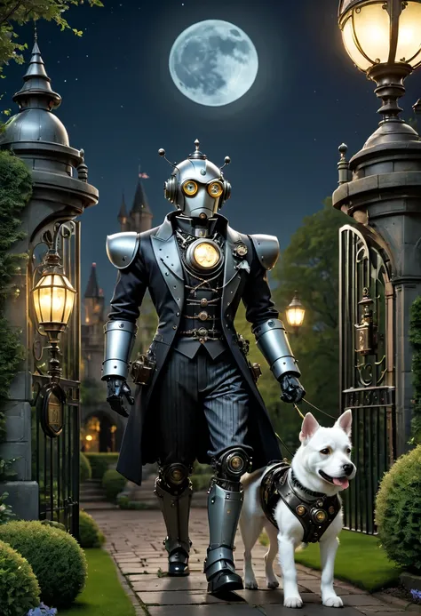 Full moon night，Robot butler at the gate of the castle garden，Detailed mechanical parts, Butler outfit, Victorian style, steampunc,  Detailed details, ambientlighting，Walking the dog