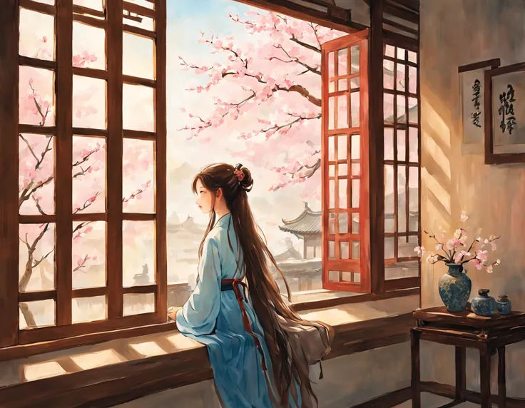 painting of ancient china, there is a back of a young girl sitting in a room in an ancient china house, the young girl has long ...