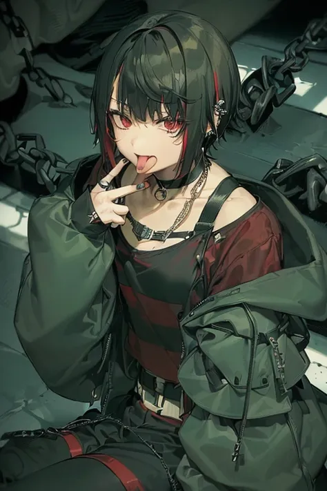 ((1 juvenile))、、((thin-waist))、de pele branca、((khaki hooded coat、Red and black horizontal striped shirt、short-hair、Black hair with red mesh、hair pin、Red cheeks、sticking out the tongue、a choker、piercings、Chain Necklace、Black Cargo Pants、Tomboy、ahe face))