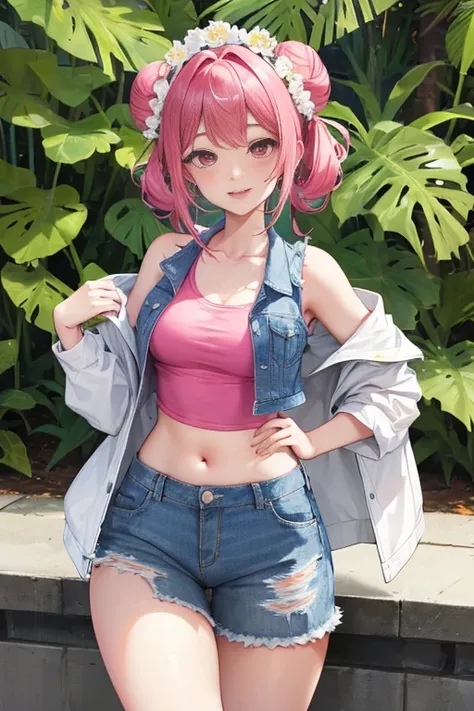 tmasterpiece、Need、1 female student、White cloth bun bun bun、Shoulder leakage、The chest is large、chubbiness、Smile、pale pink lip、posing on a，legs are open， 独奏,denim short， denim vest，looking at viewert,  (Thigh thick:1.0),Yazawa Nico,red eyes, face flushed,Bl...