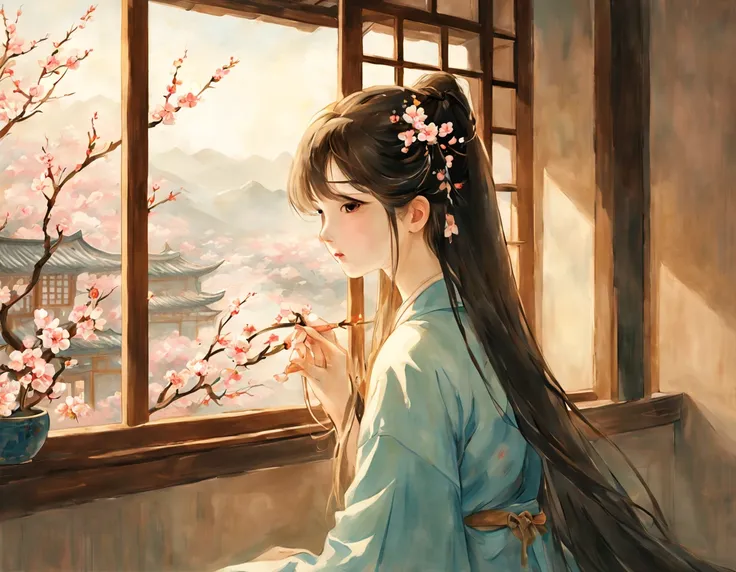 painting of ancient china, there is a back of a young girl sitting in a room in an ancient china house, the young girl has long flowing hair, she is happily looking out of the window and holding a branch of apricot blossom in her hand, calming atmosphere, ...