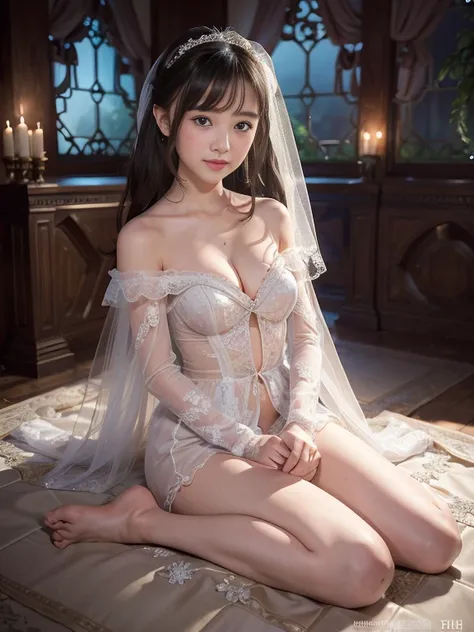 Young girl in wedding dress and updo, Off-shoulder neckline, and a long veil. her face is young and innocent, Looks like a child. She looks at the camera with a playful expression. Detailed artwork with vivid illustrations, Realistic colors, Capture every ...