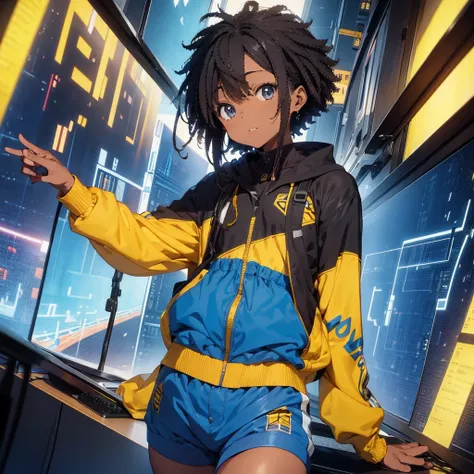 Afro black anime man in the studio wearing blue and yellow outfit in the studio woth the word ukurii written on the outfit